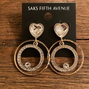 Saks Fifth Avenue Crystal Heart & Rhinestone Circle Dangle Earrings NWT